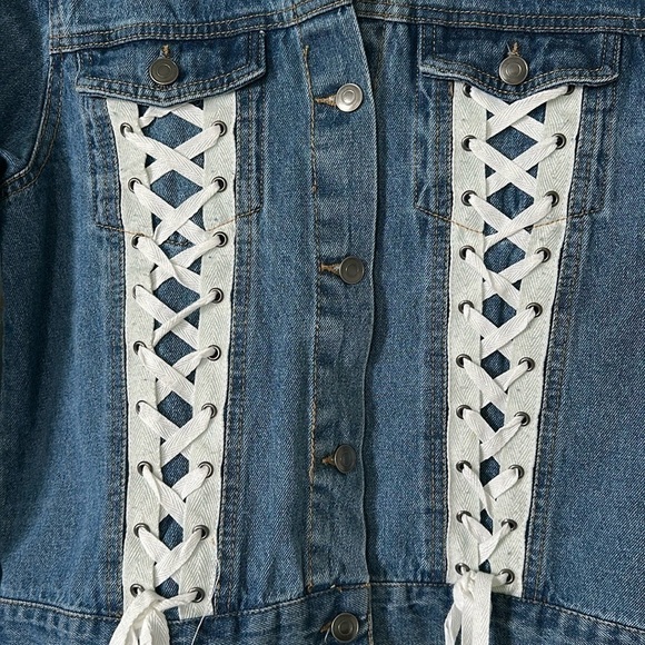LOVE TREE Women’s Denim Jacket with White Lace-Up Detail Size M - Picture 4 of 7